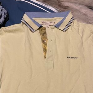 Burberry Men's Light Yellow Polo with Blue Accents